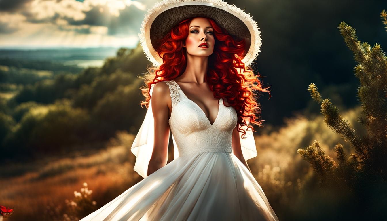 Elegant Woman in White Dress, Digital Watercolor