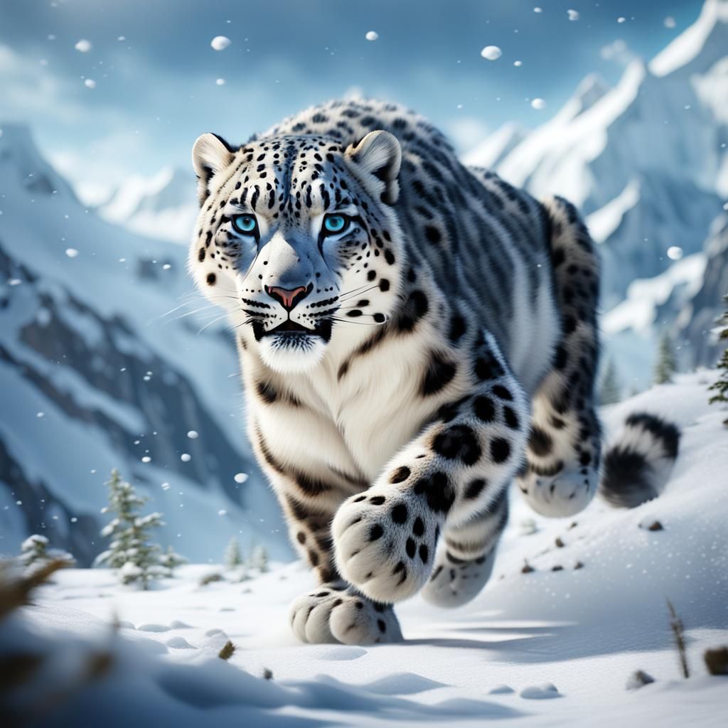 Snow Leopard Runs Through Snow: Detailed Matte Painting