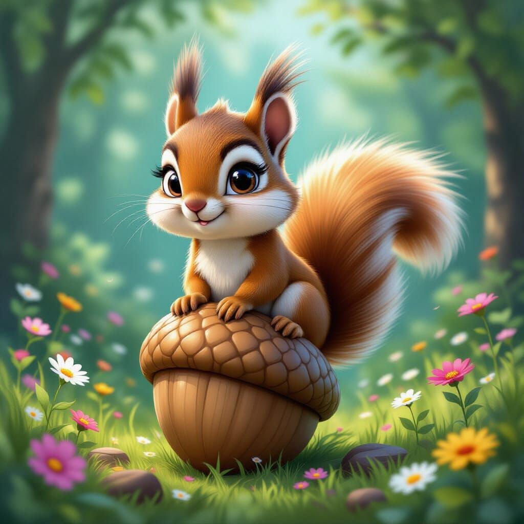 In a clear sky bathed in natural light, a baby cartoon squir...