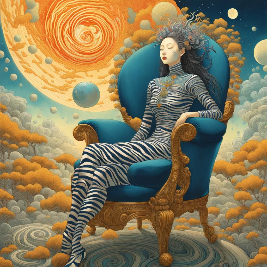 Surreal Woman on Zebra Planet in Dreamlike Scene
