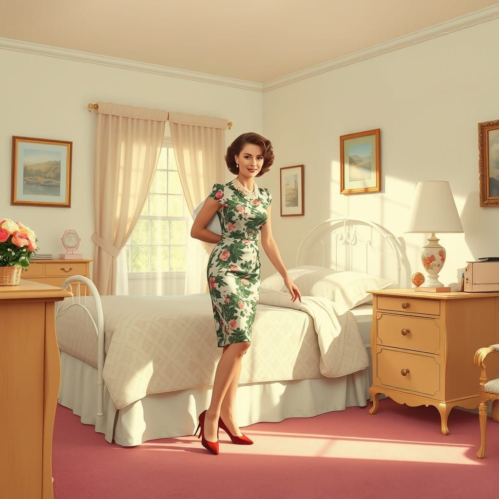 Vintage Homemaker in 1950s Style Finishes Morning Chores