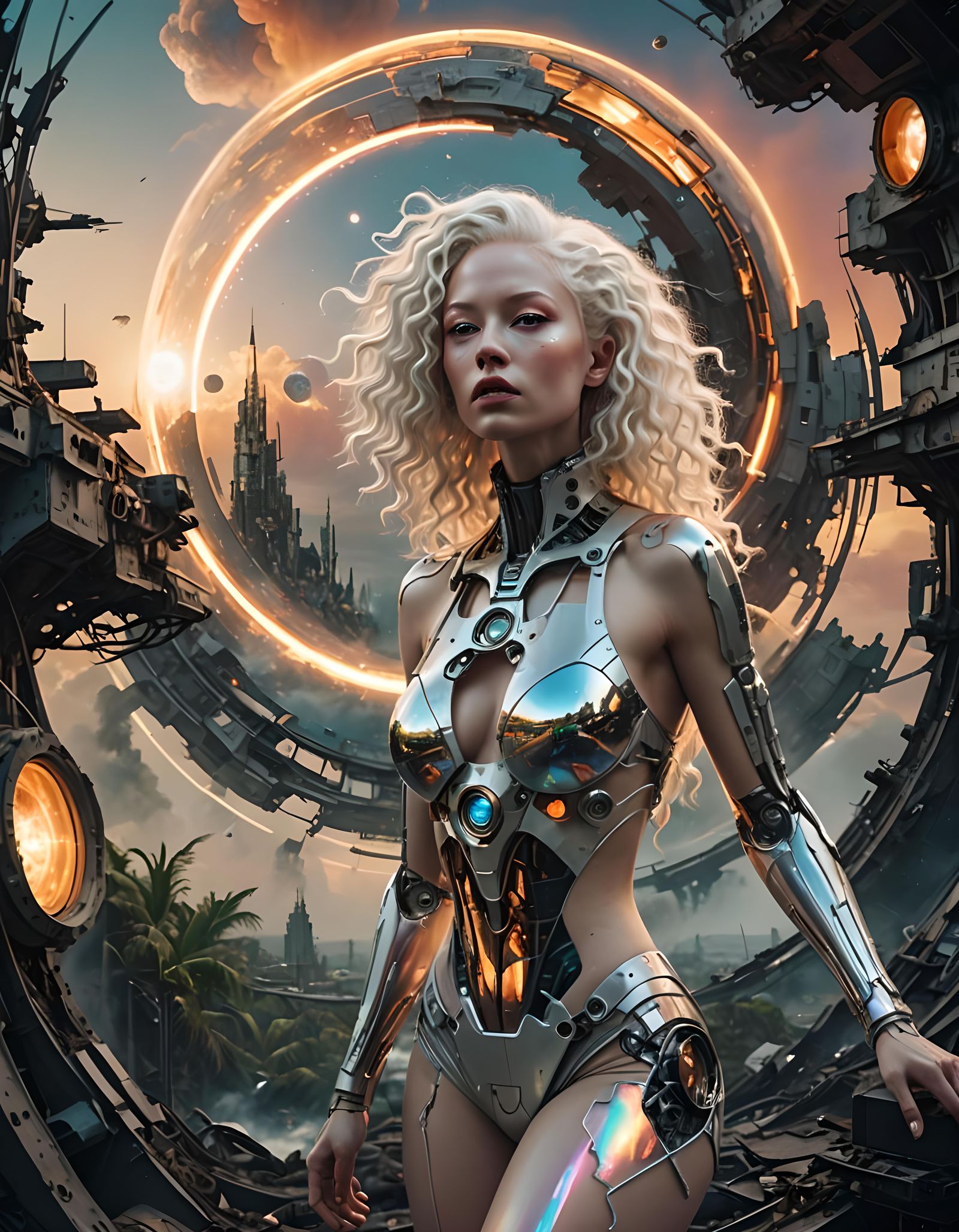 Albino Cyborg Dances in Sci-Fi Jungle, Digital Painting