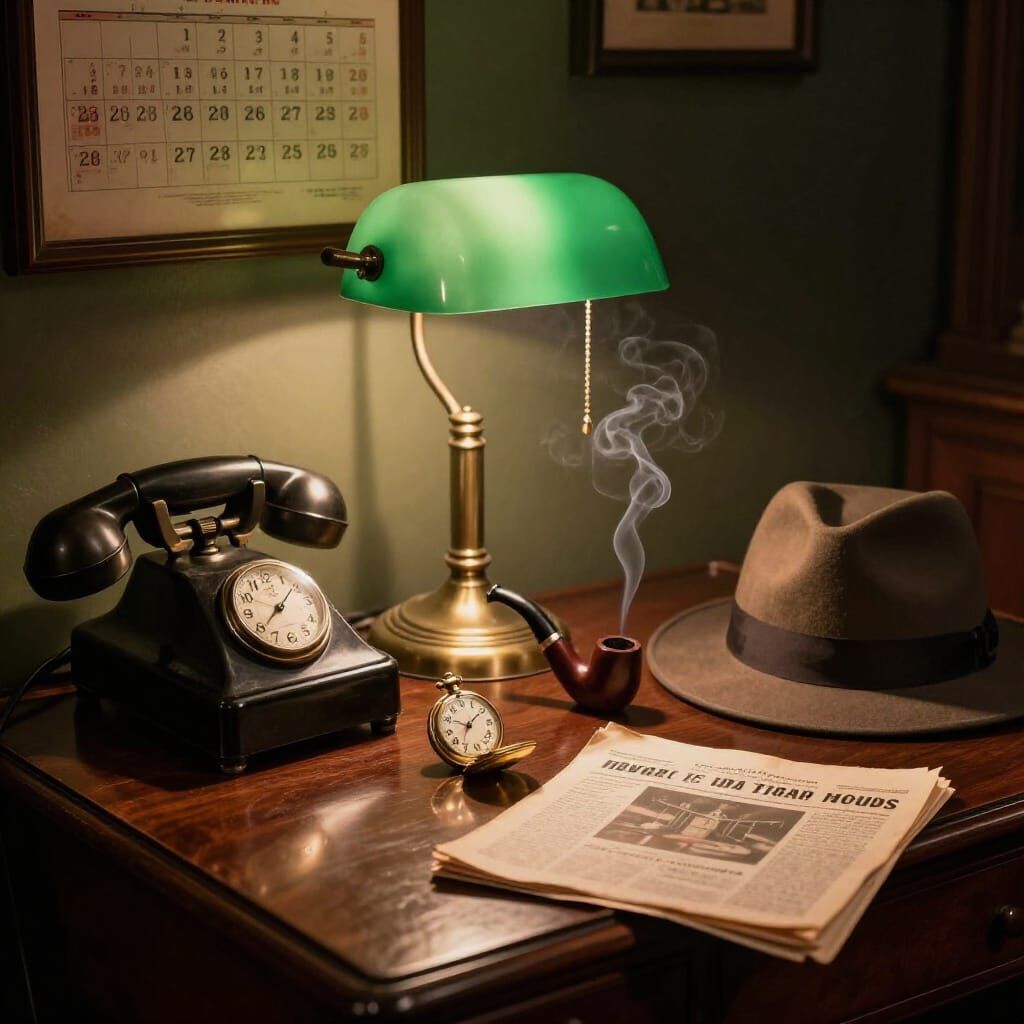 1920s Detective Desk Scene in Film Noir Style