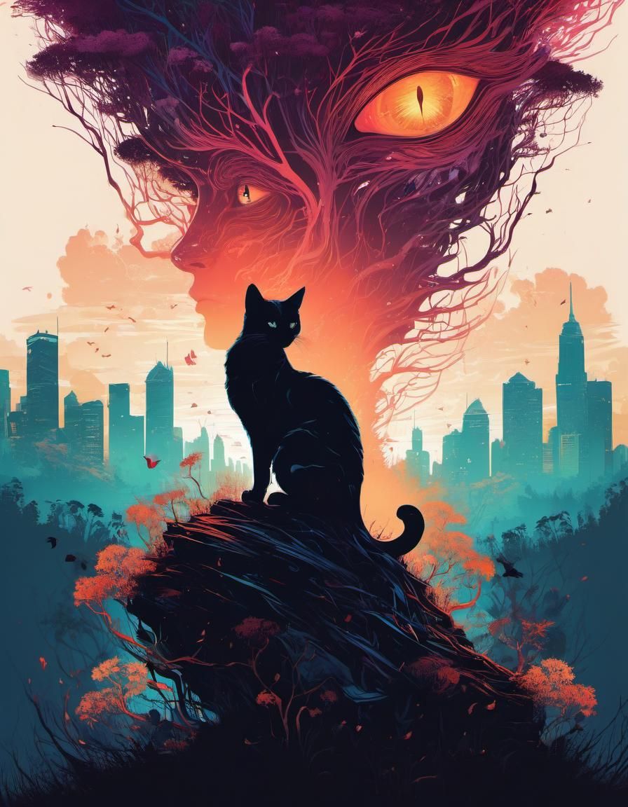 Surreal Cat Silhouette Double Exposure Poster Art
