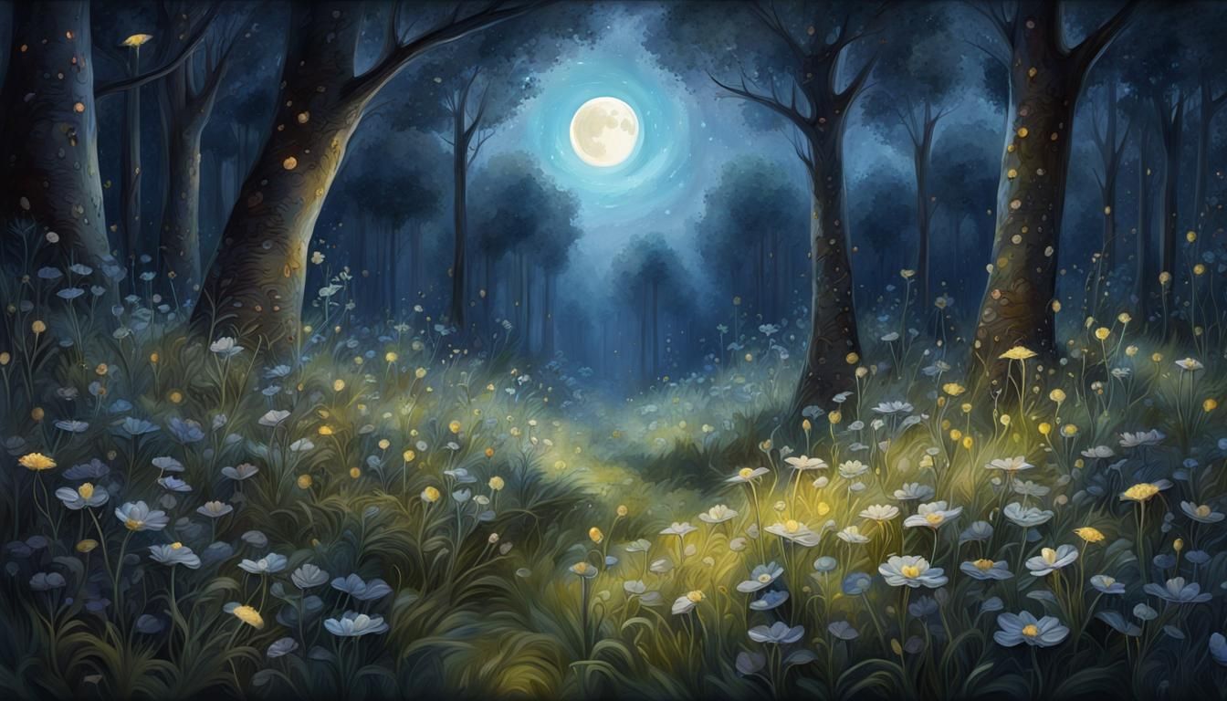 Moonlit Meadow in Flower Forest Watercolor Painting