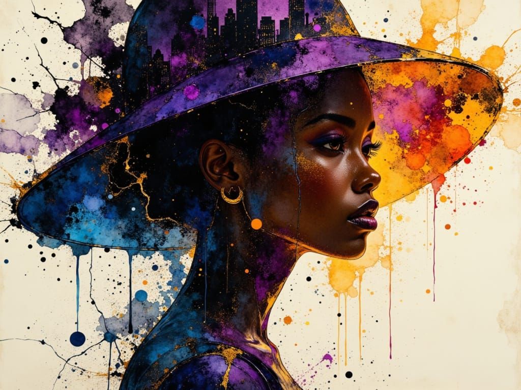Stylish Black Woman in Multicolored Ink Splash Art