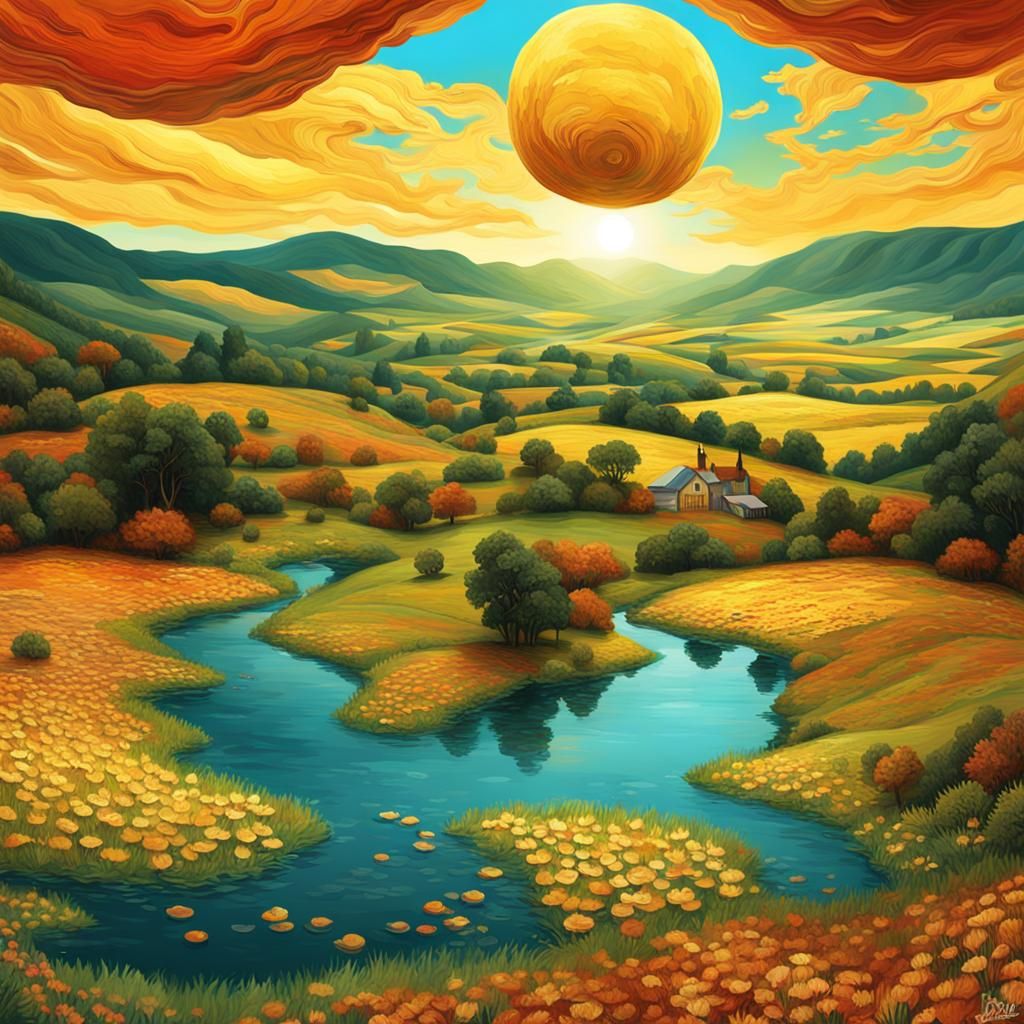 Surreal Upside-Down Landscape in Impressionistic Style