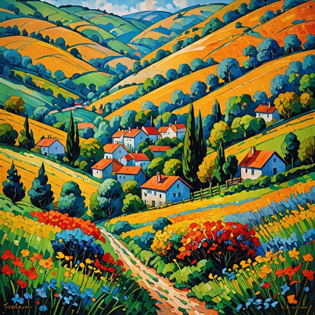 Colorful Hillside in Neo-Impressionist Style