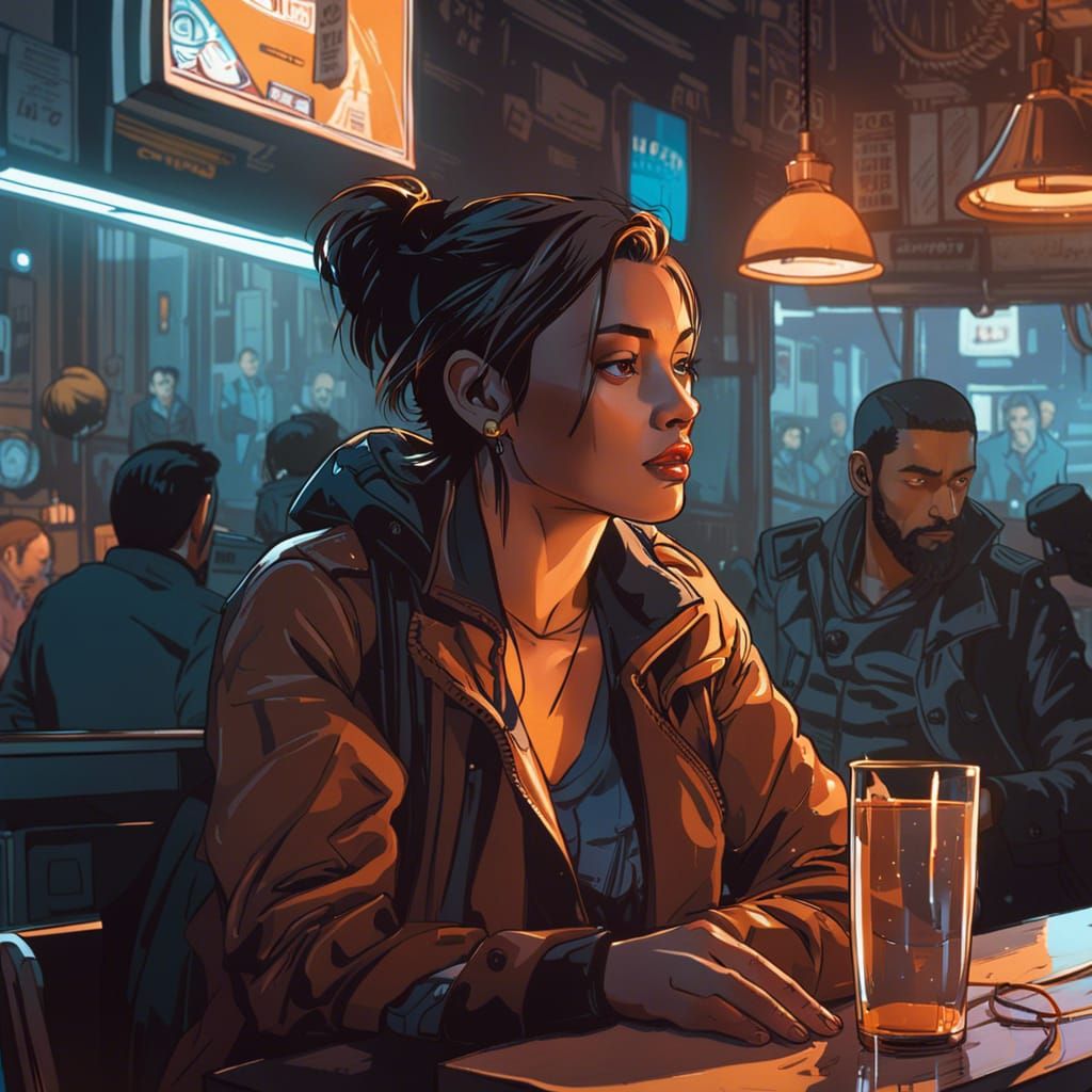 Woman Sipping Coffee in Cafe: Comic Book Cel-Shading