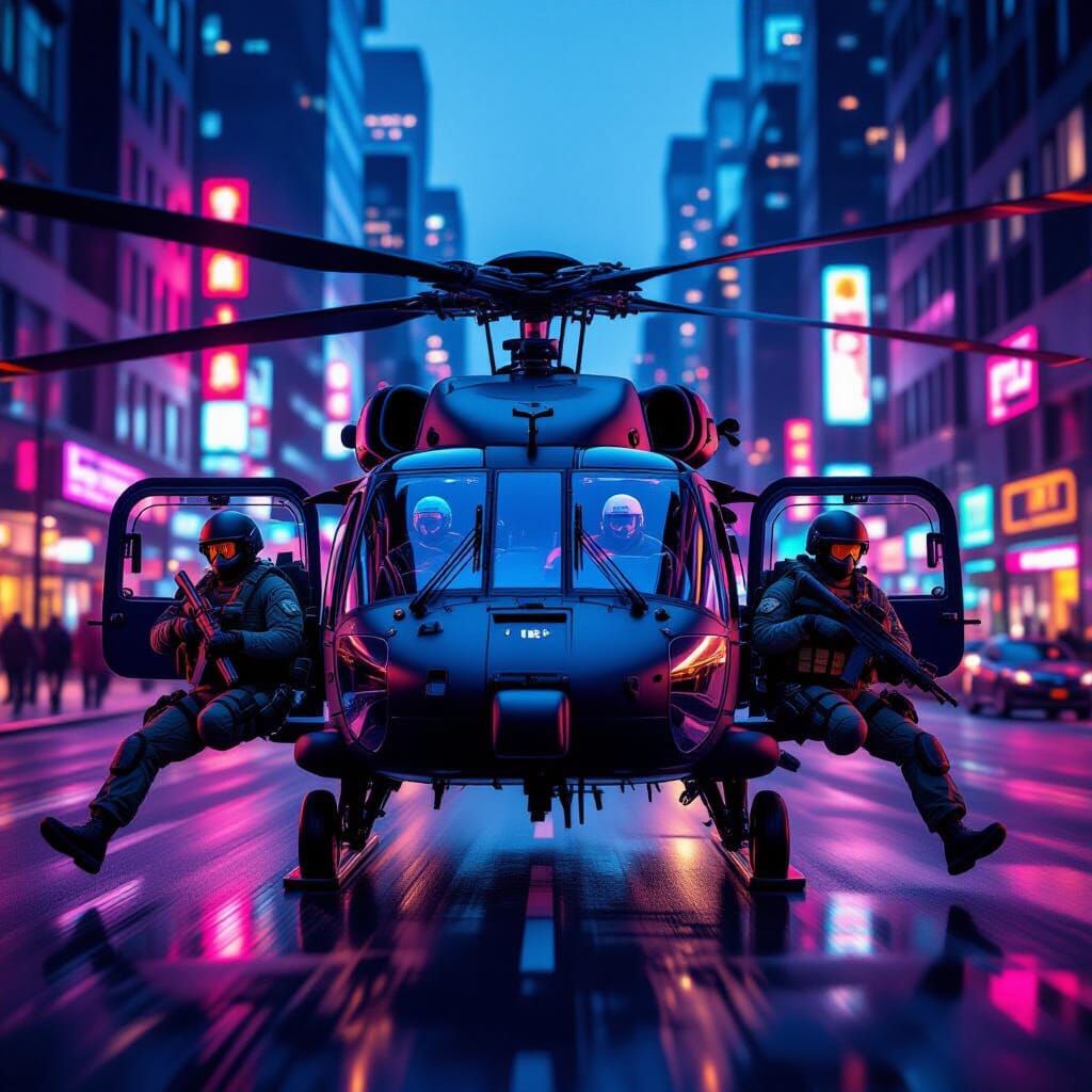 UH-60 Black Hawk in Neon NYC Streets - 3D Game Art Style