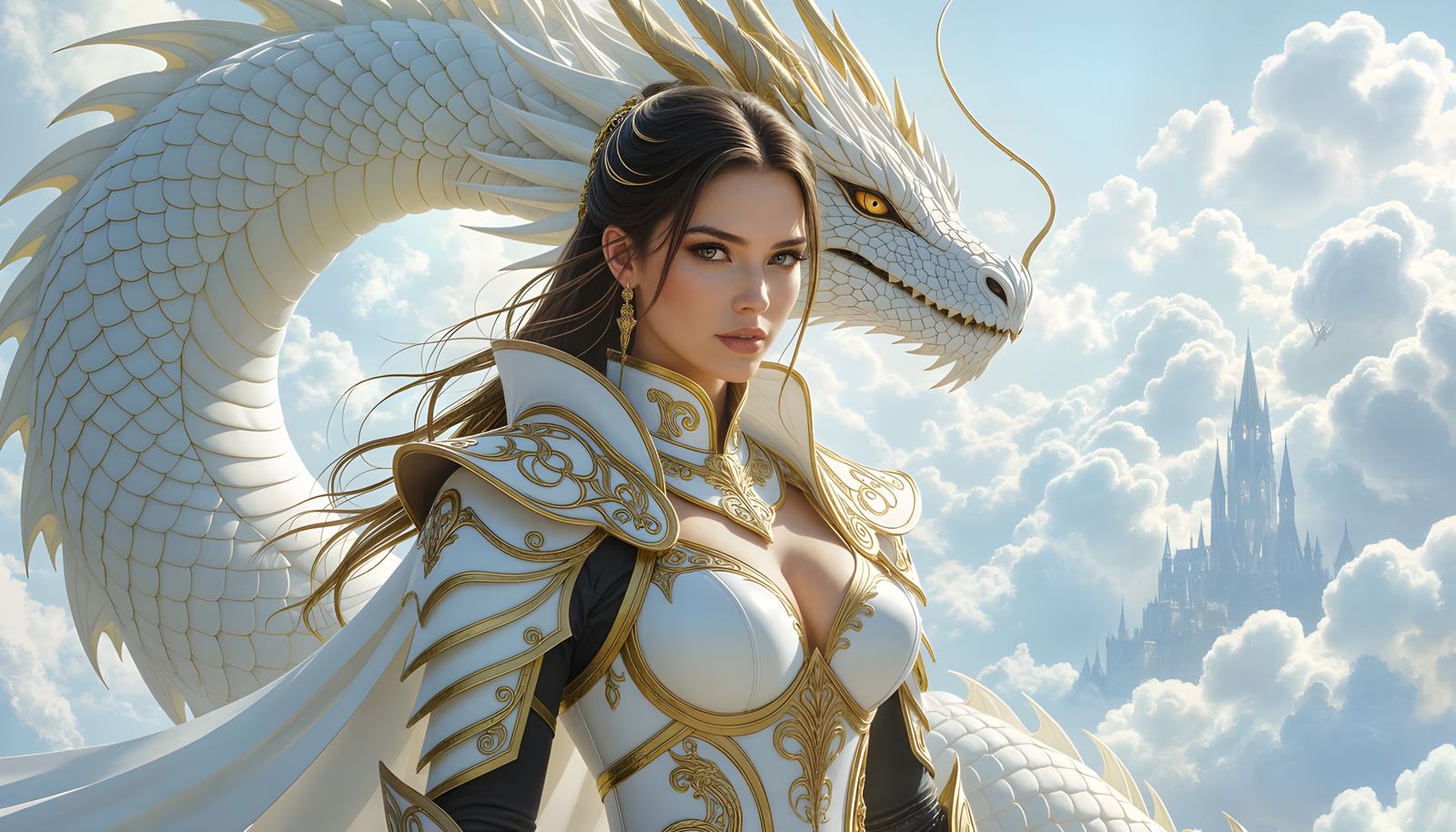 Dragon and Armored Woman in Ethereal Gothic Sky