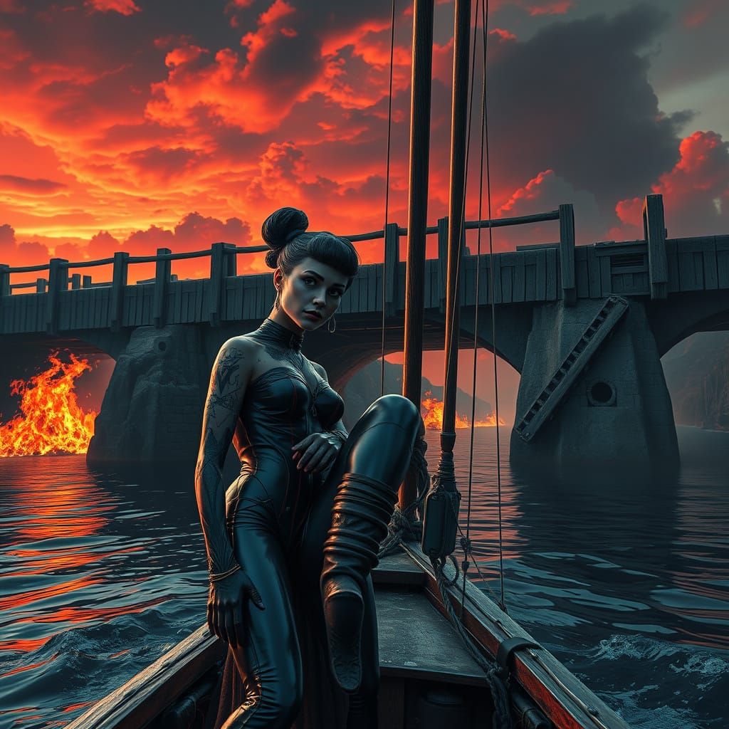 Gothic Goddess in Burning River Landscape