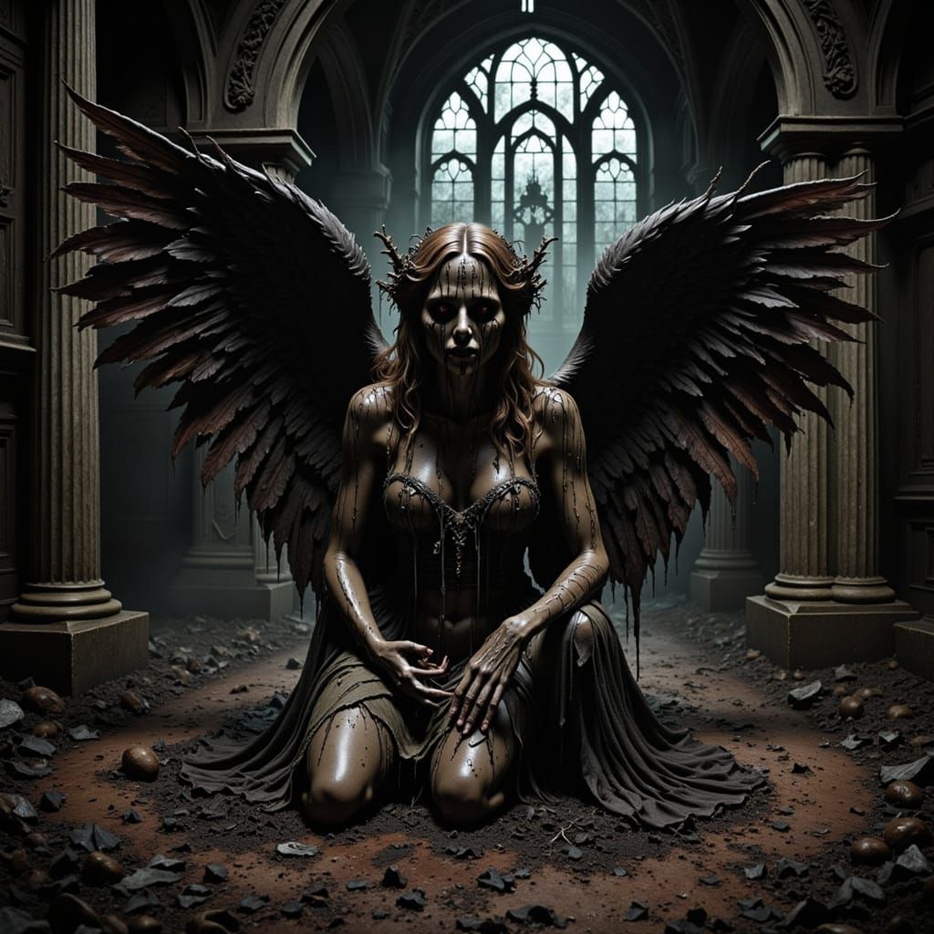 Decaying Angel Kneeling in Dusty Crypt, Painterly Horror Sty...