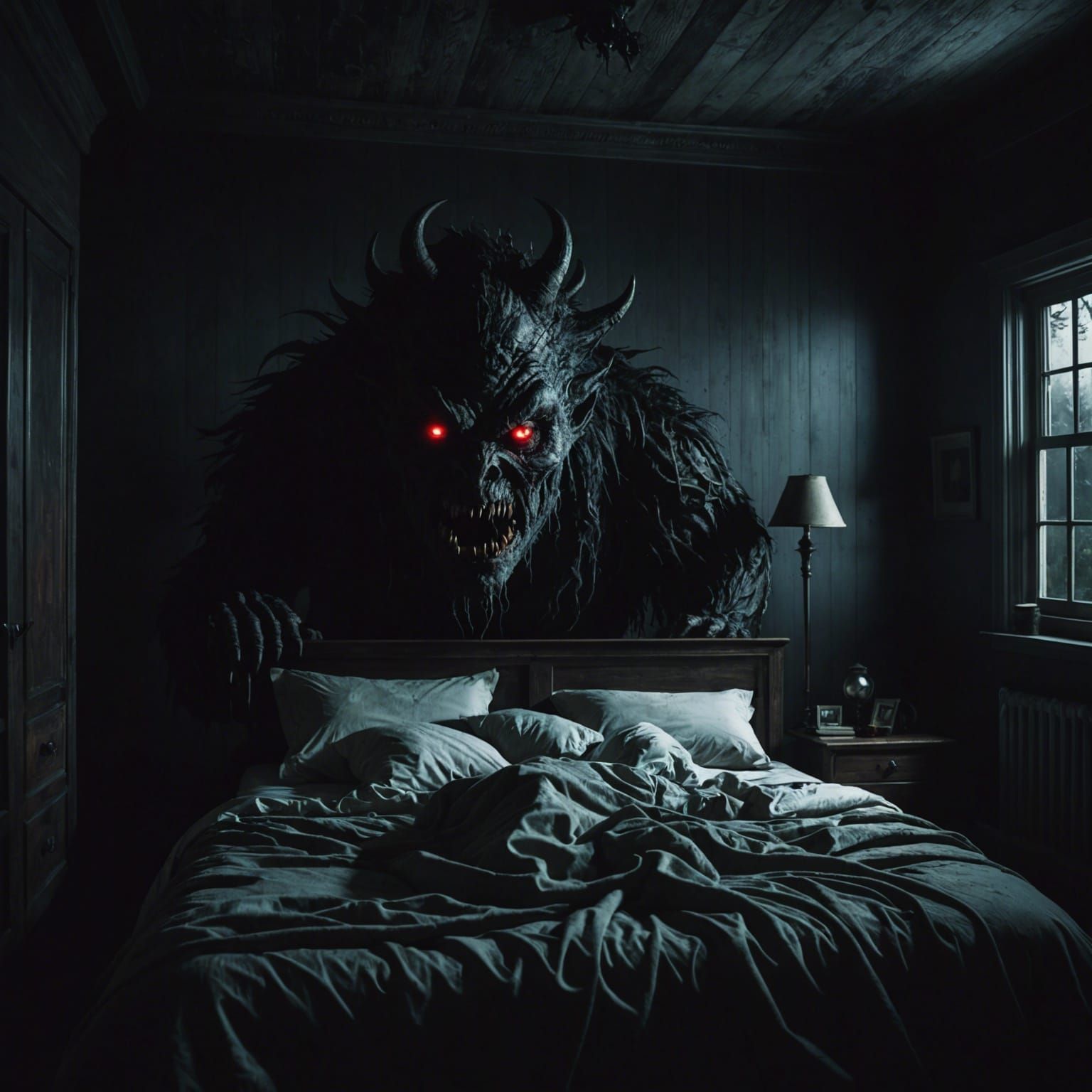 Eerie Monster with Red Eyes in Dark Bedroom