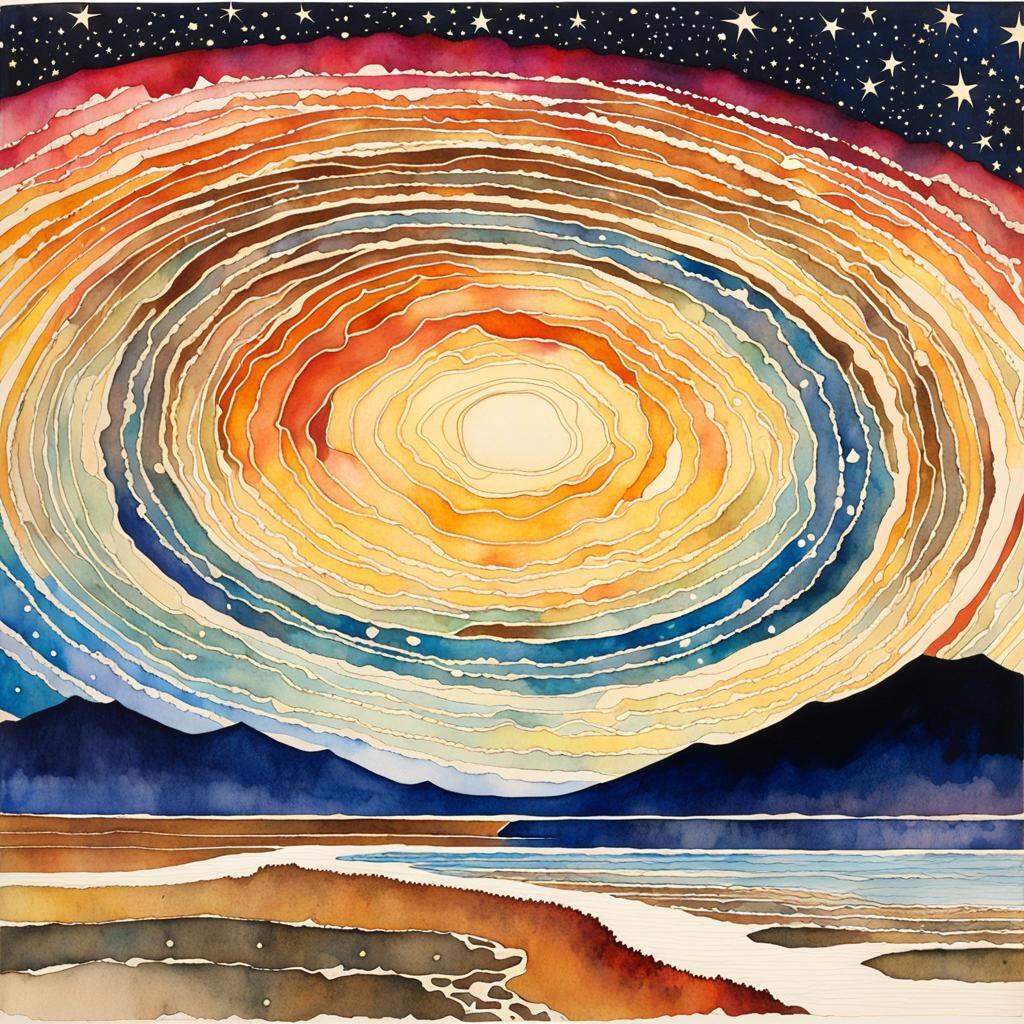 Watercolor Spiral Jetty Under Starry Night Sky