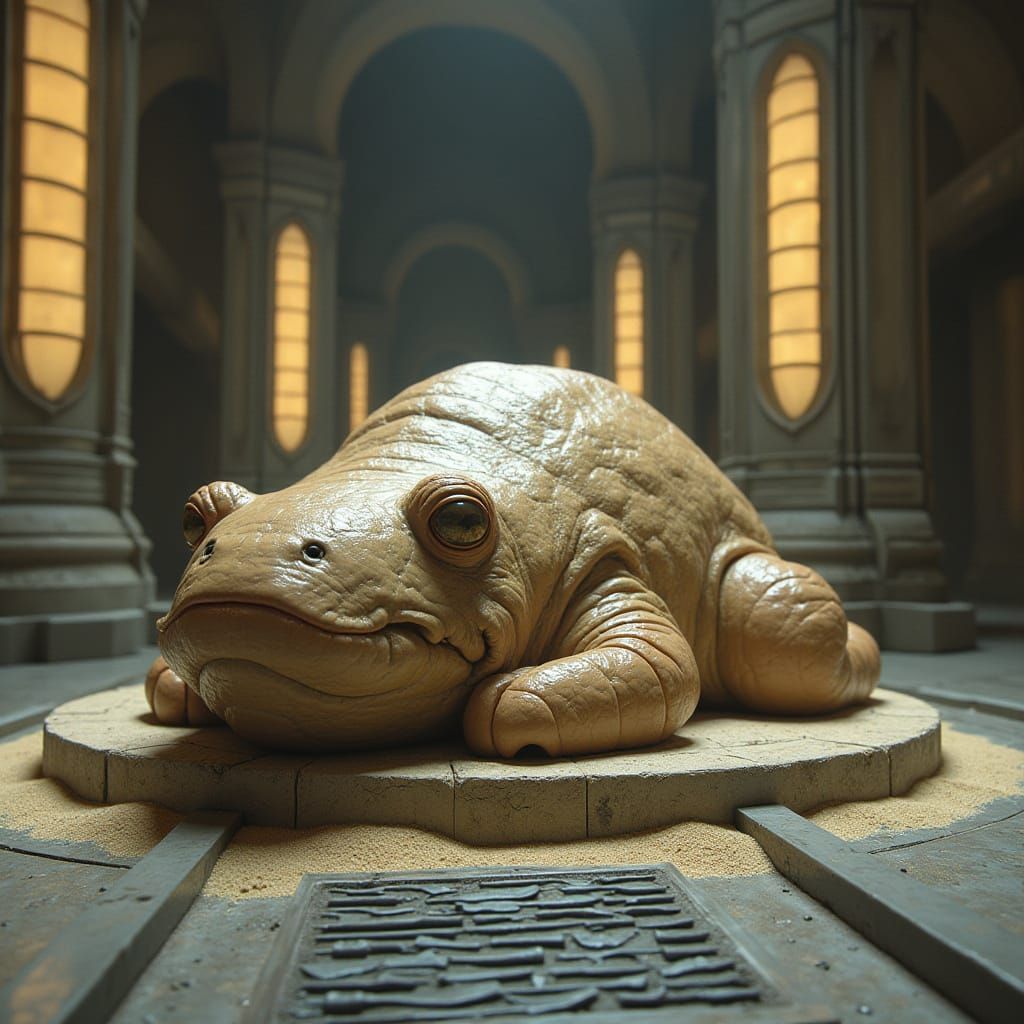 Hyper-Realistic Slug Creature in Ancient Chamber