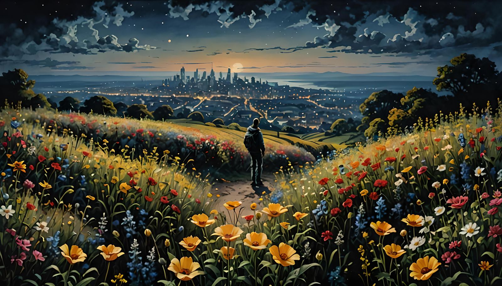 Night Flower Horizon in Hyperrealistic Watercolour