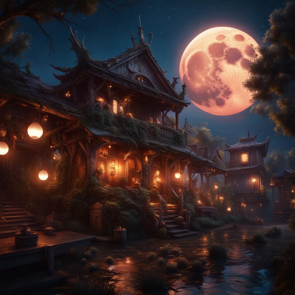 Girls Relaxing Under Moonlight: Fantasy Concept Art