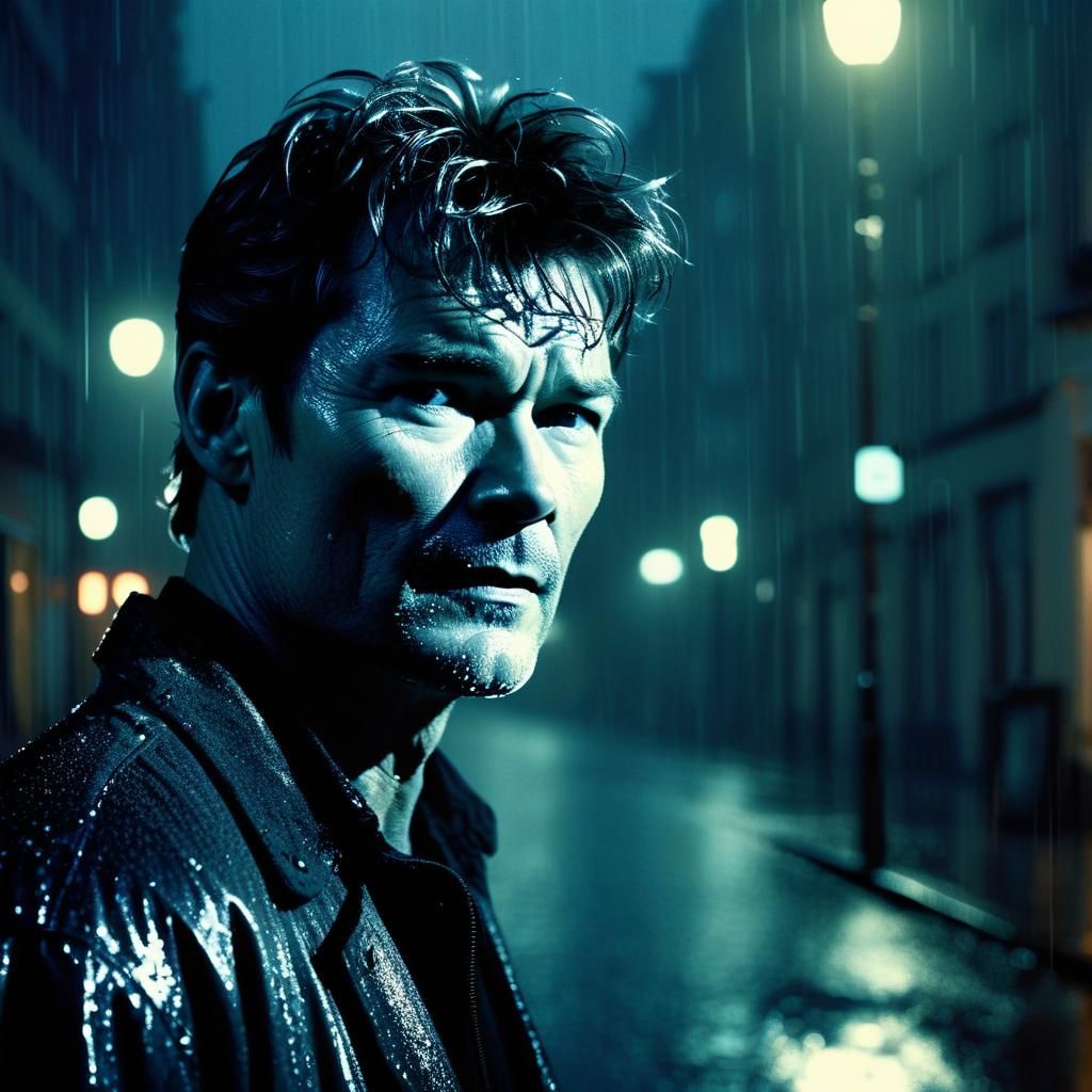 Singer in Rainy City Street: Film Noir Style