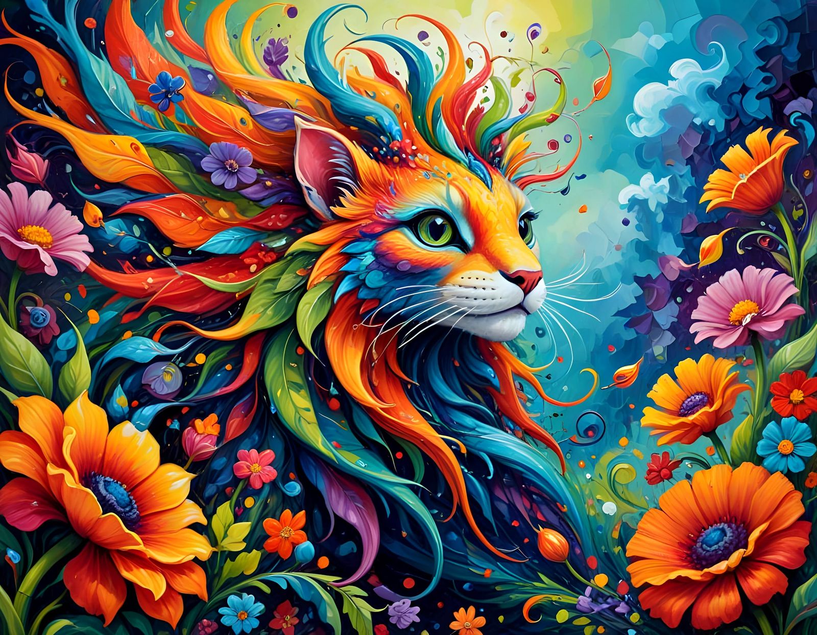 Vibrant Oil Painting of Joyful Creatures and Flowers