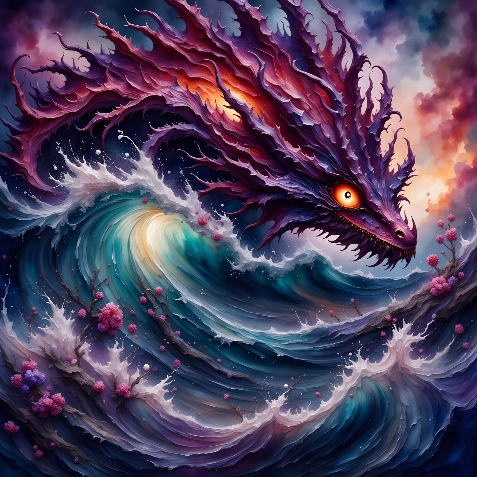 Vibrant Oceanic Scene of a Majestic Red-Purple Kraken Riding...