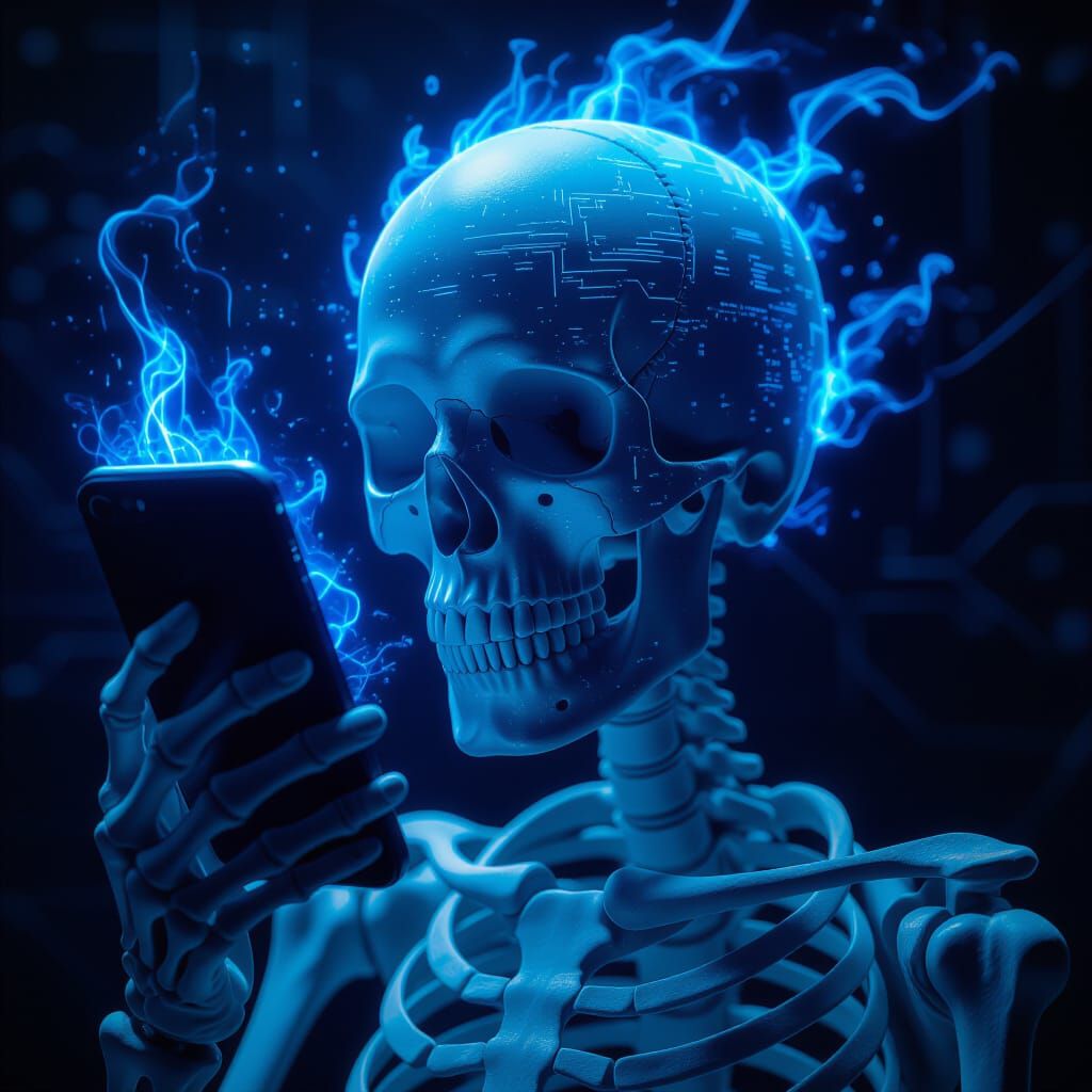 Skeleton Head Holding Phone with Blue Glitch Aura