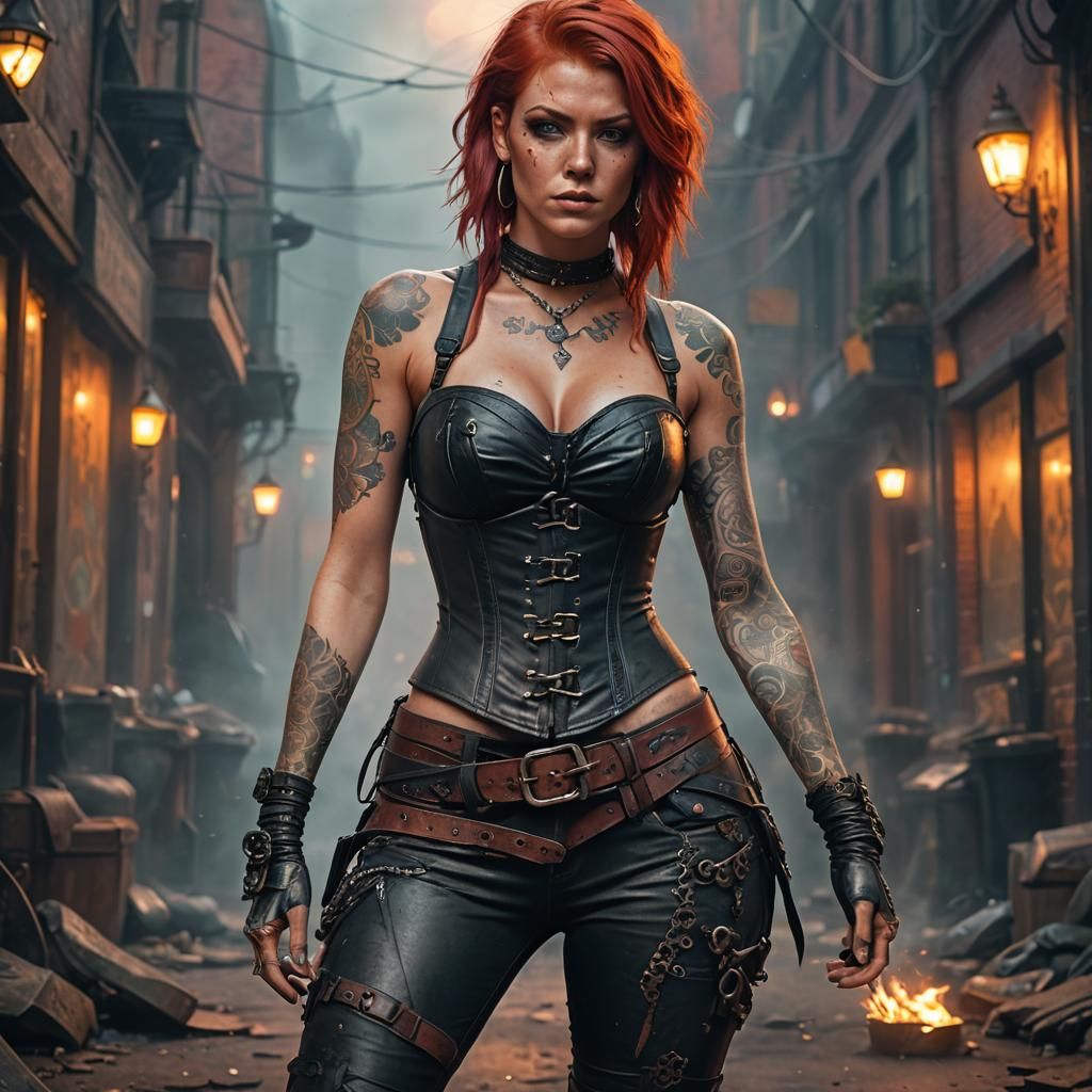 Red-Haired Tattooed Woman in Greg Rutkowski Style