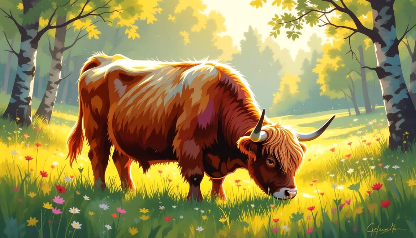 Whimsical Highland Cow in Sun-Dappled Meadow