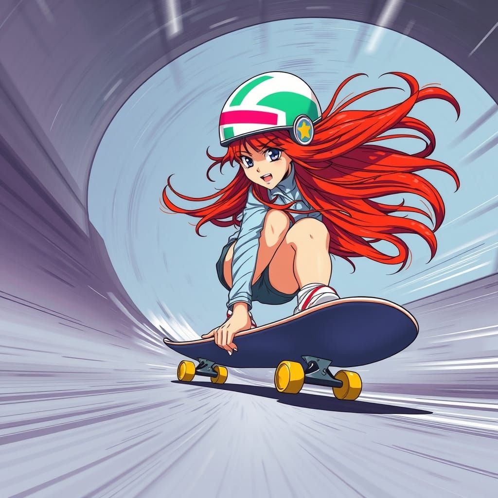 Red-Haired Girl Soars on Skateboard with Anime-Style Energy