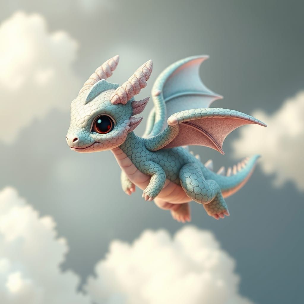 Iridescent Dragon Soaring Through White Clouds