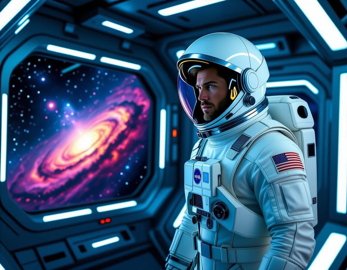 Astronaut Gazes at Vibrant Galaxies Inside Futuristic Spaces...