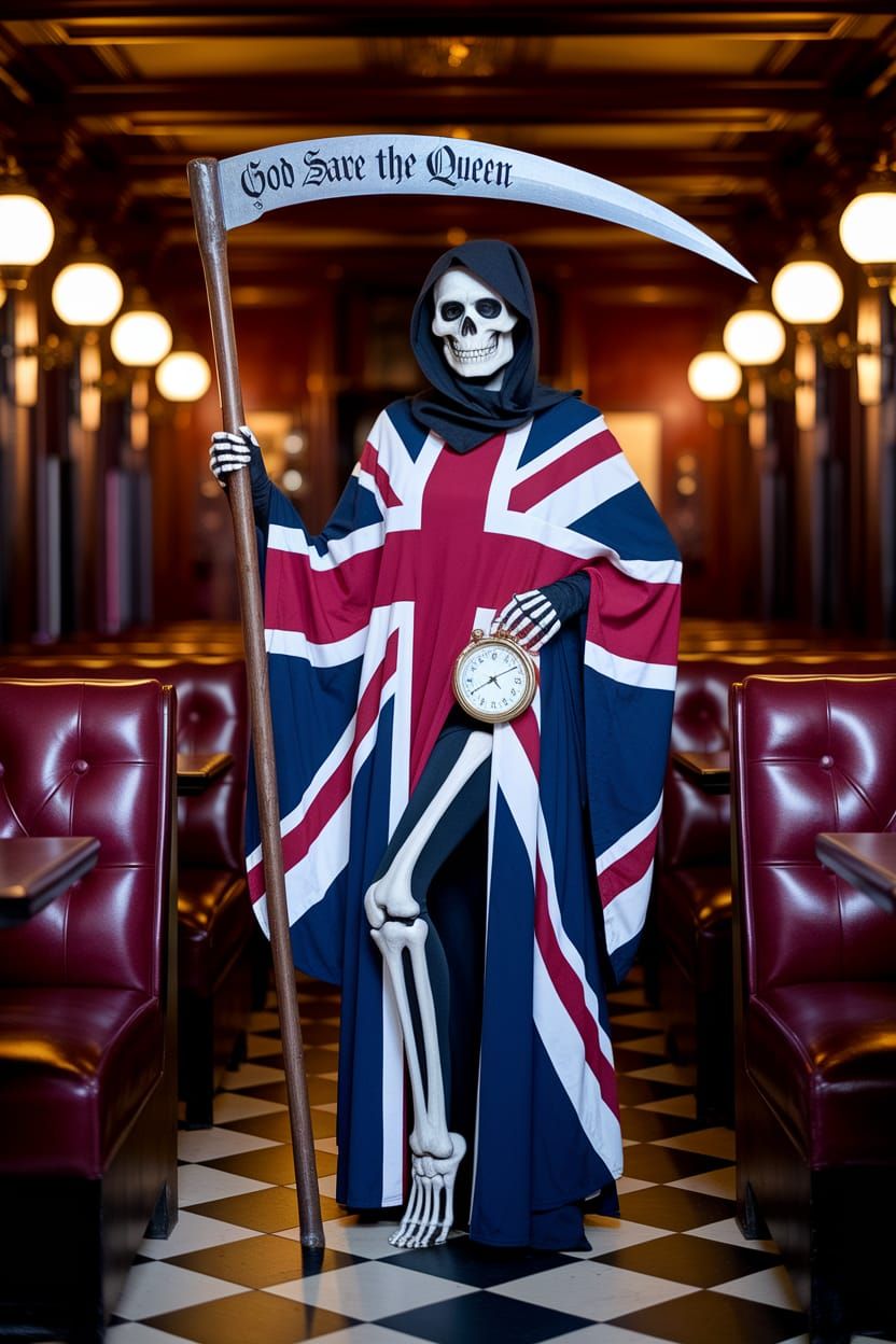 Gothic Grim Reaper in Union Jack Robe at British Pub
