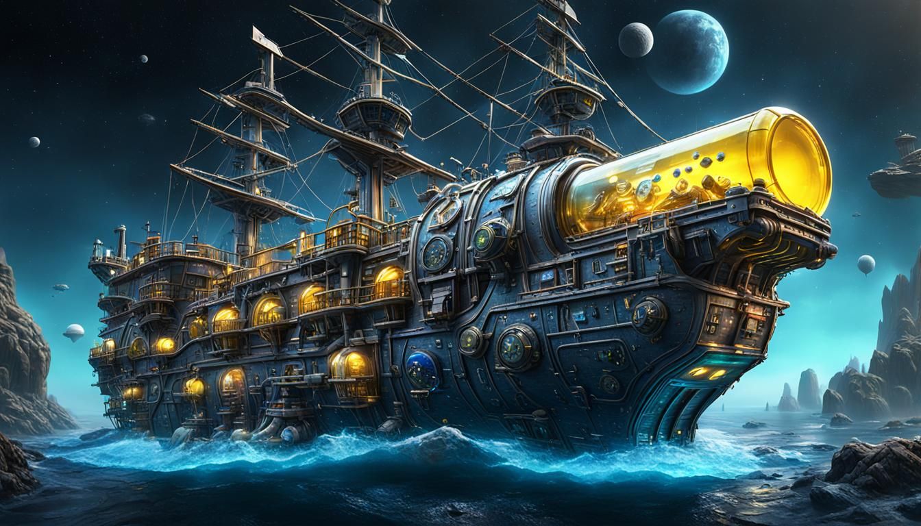 Space Colony Pirate Ship in Detailed Matte Painting
