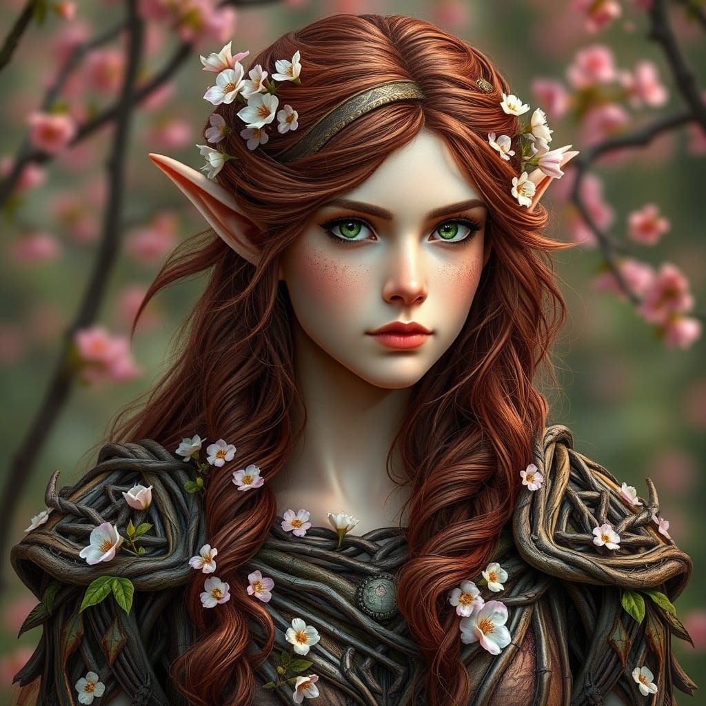 Elven Druidess in Woodland Armor with Spring Flowers