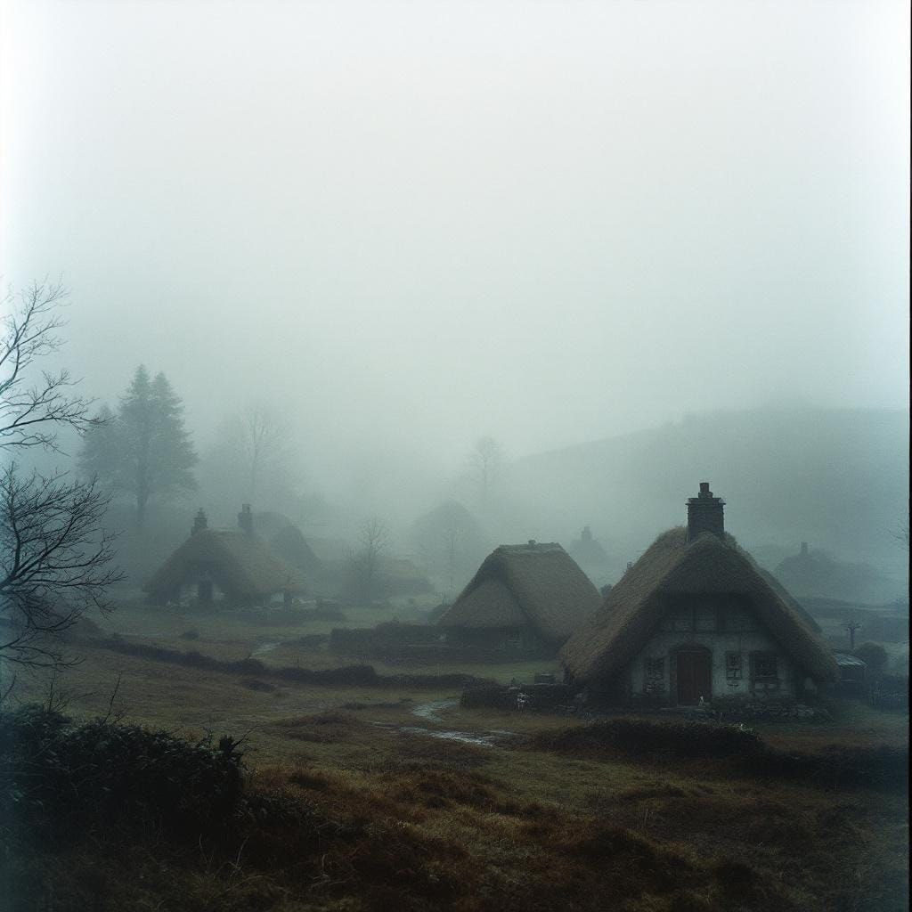 Misty Highland Village in Washed-Out Tones