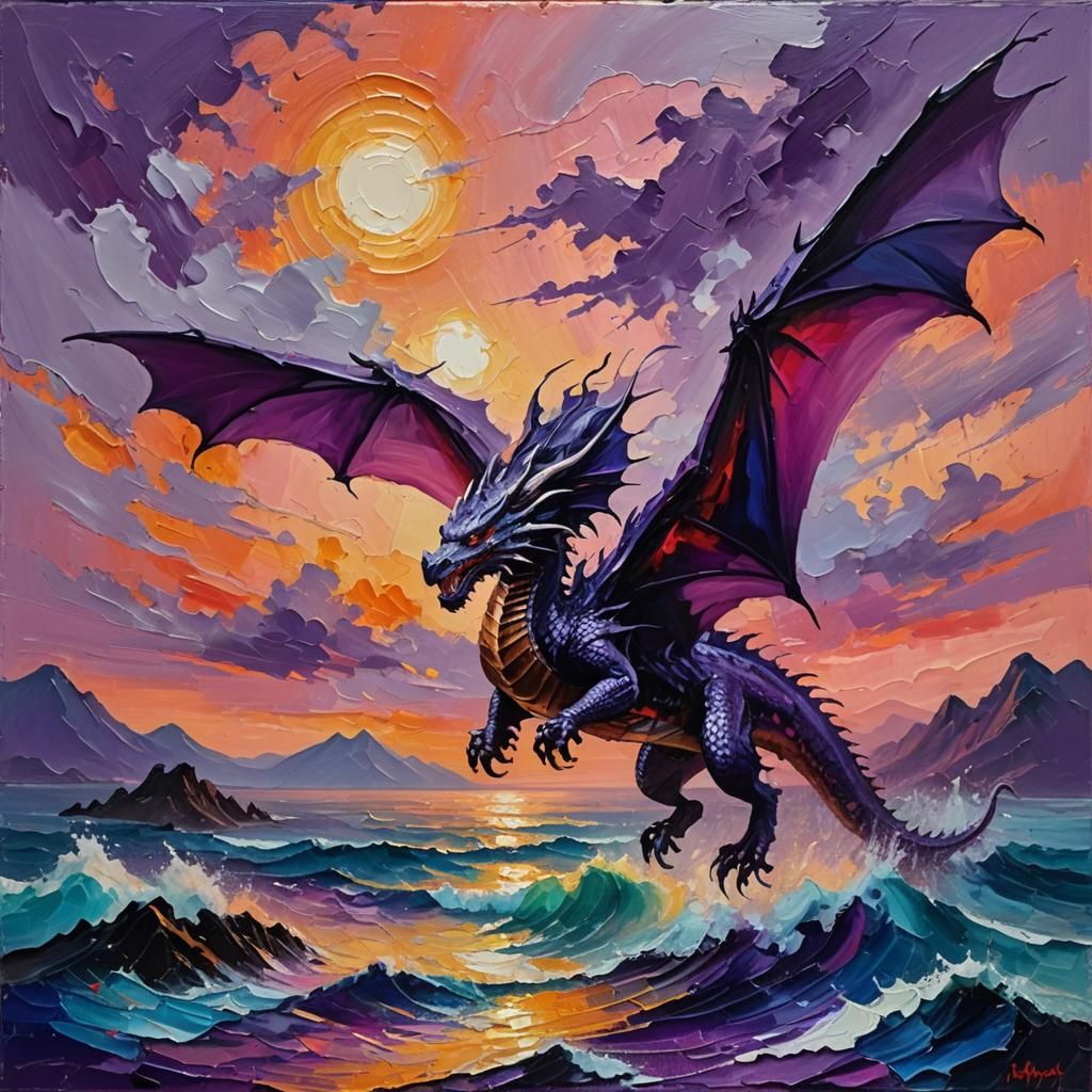 Abstract Oil Painting of Purple Dragon Sunset