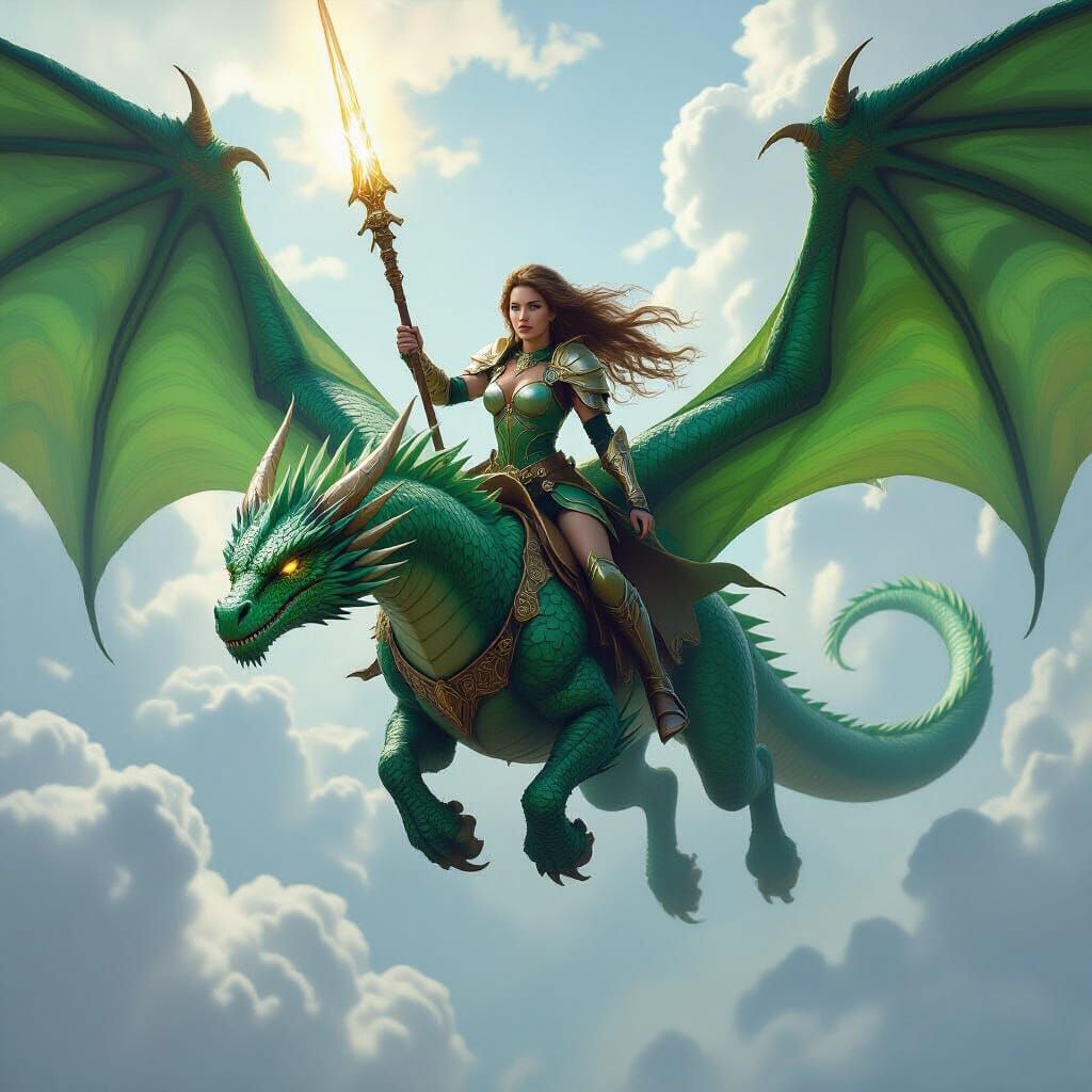 Woman Rides Emerald Dragon in Epic Fantasy Art