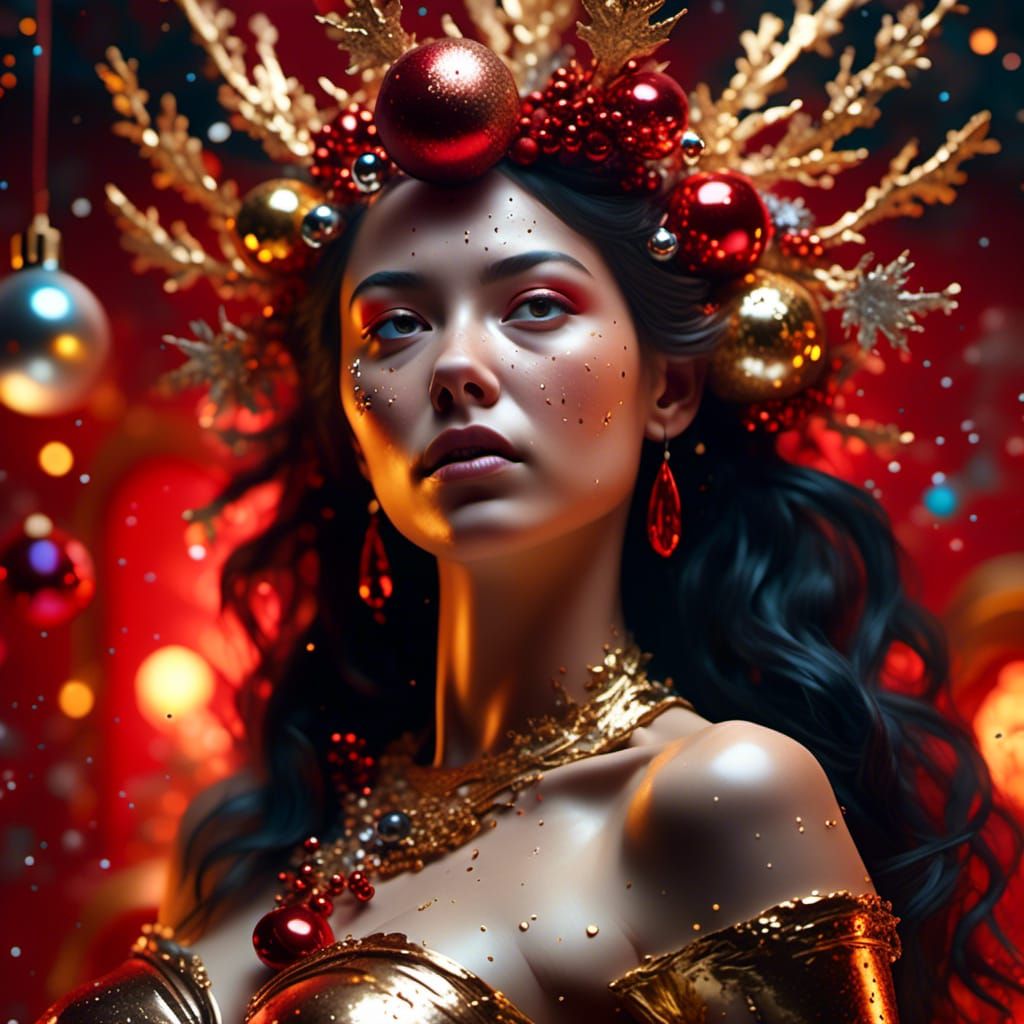 Hyperrealistic Christmas Pinup in Red, Gold and Black