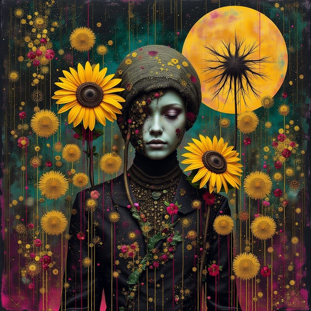 Vibrant Nighttime Floral Tapestry in Trippy Digital Art Styl...