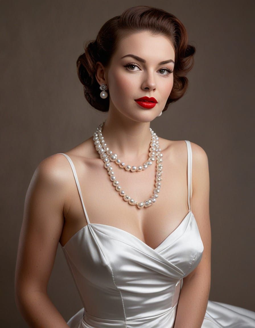 Pearl-Adorned Pinup Woman in Classic Style