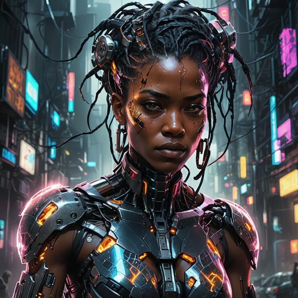 Ebony Cyborg Portrait in Cyberpunk Style