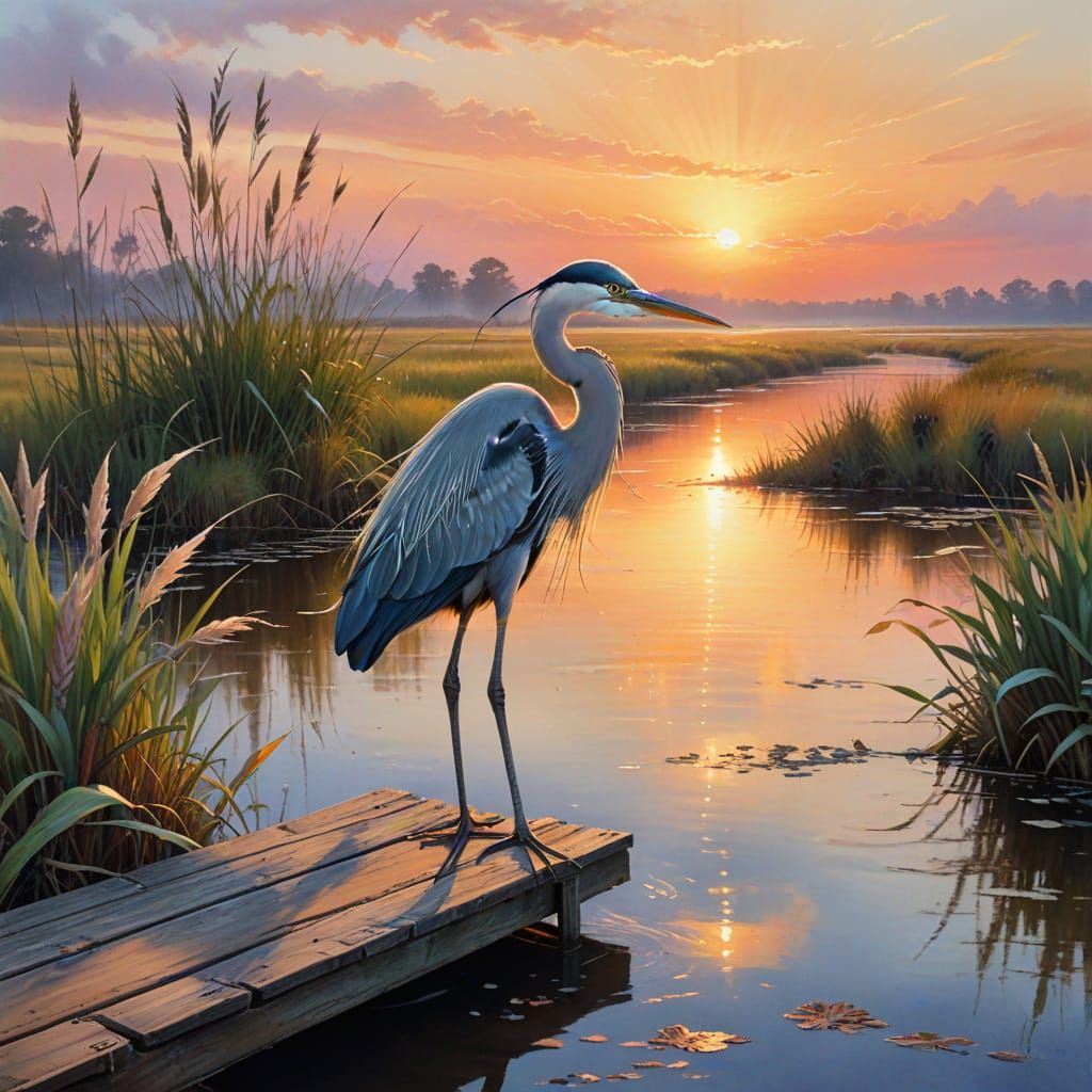 Radiant Sunset Over River Delta with Contemplative Heron