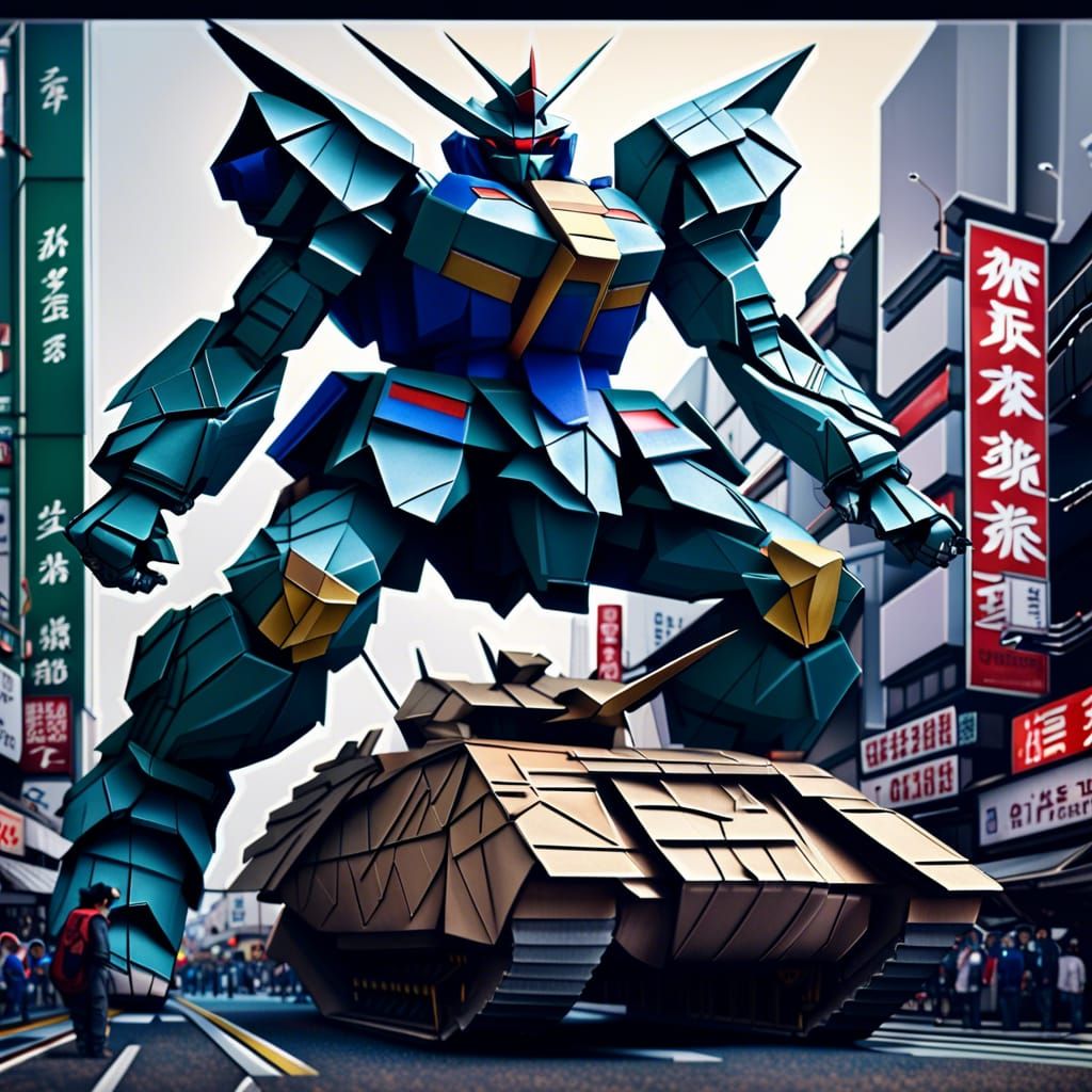 Origami Gundam fighting an Origami tank in a hyperrealistic akihabara japan Epic cinematic brilliant stunning intricate ...