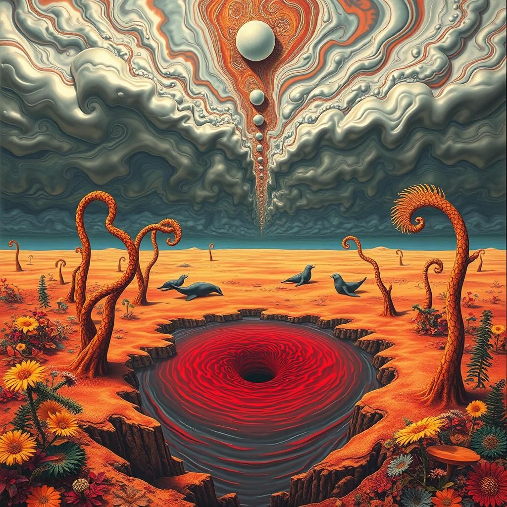 Surreal Landscape with Floating Sealions in Metallic Sky