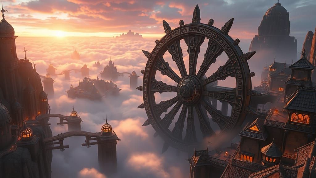 Epic Waterwheel Village in a Cinematic Dark Fantasy Landscap...