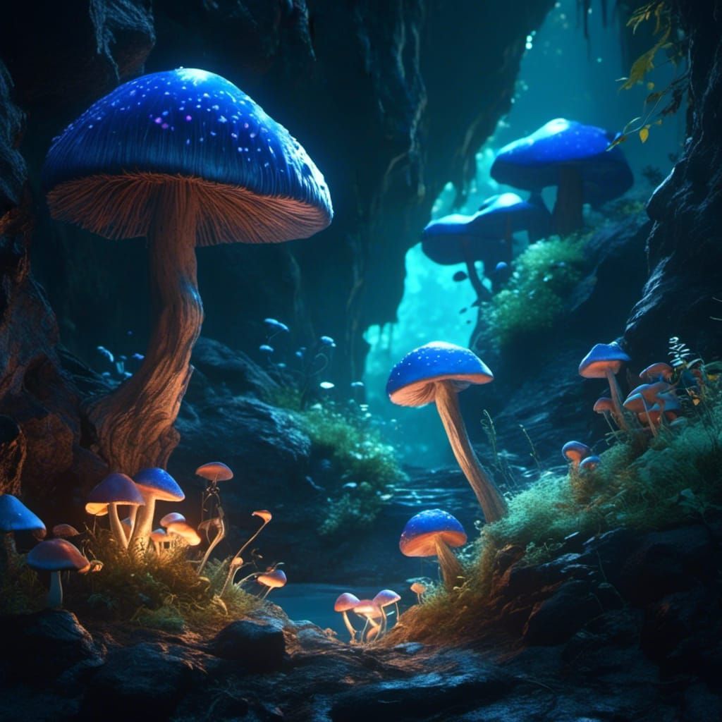 Glowing Blue Mushrooms in Lush Cave