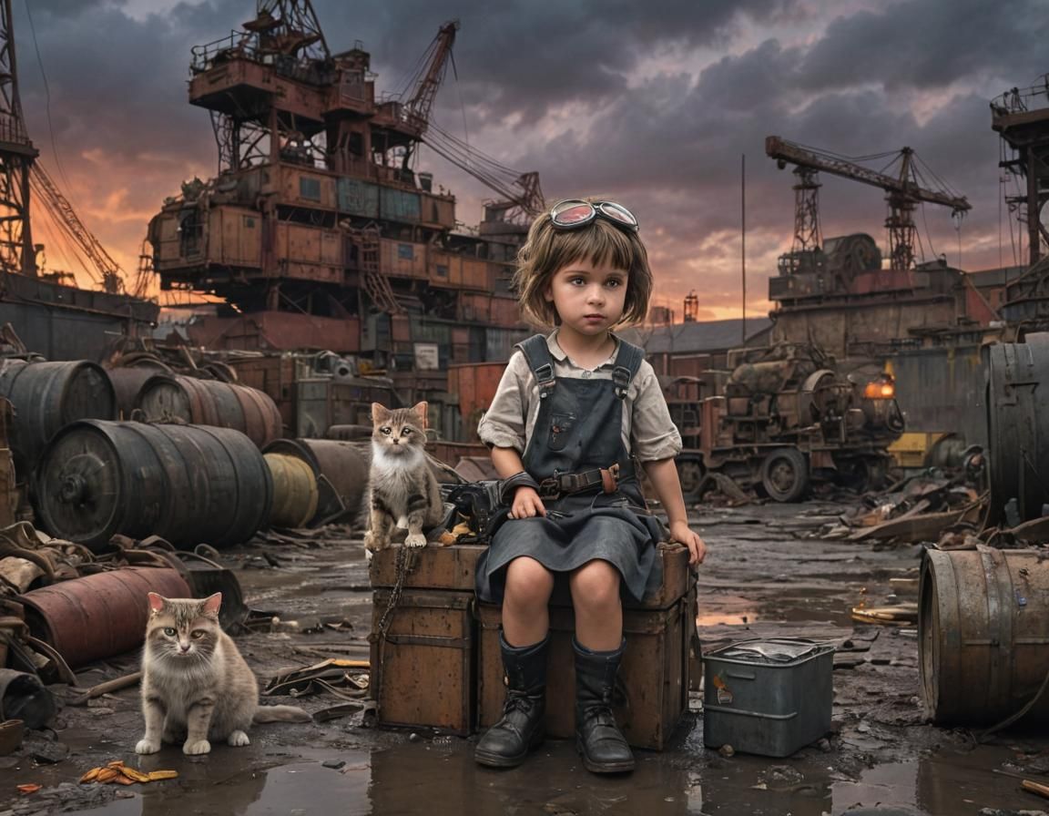 Dieselpunk Girl with Cat in Industrial Port Scene