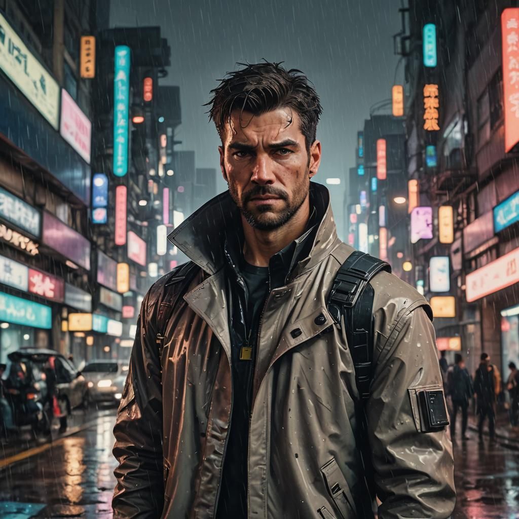 Cyberpunk Detective in Rainy Cityscape