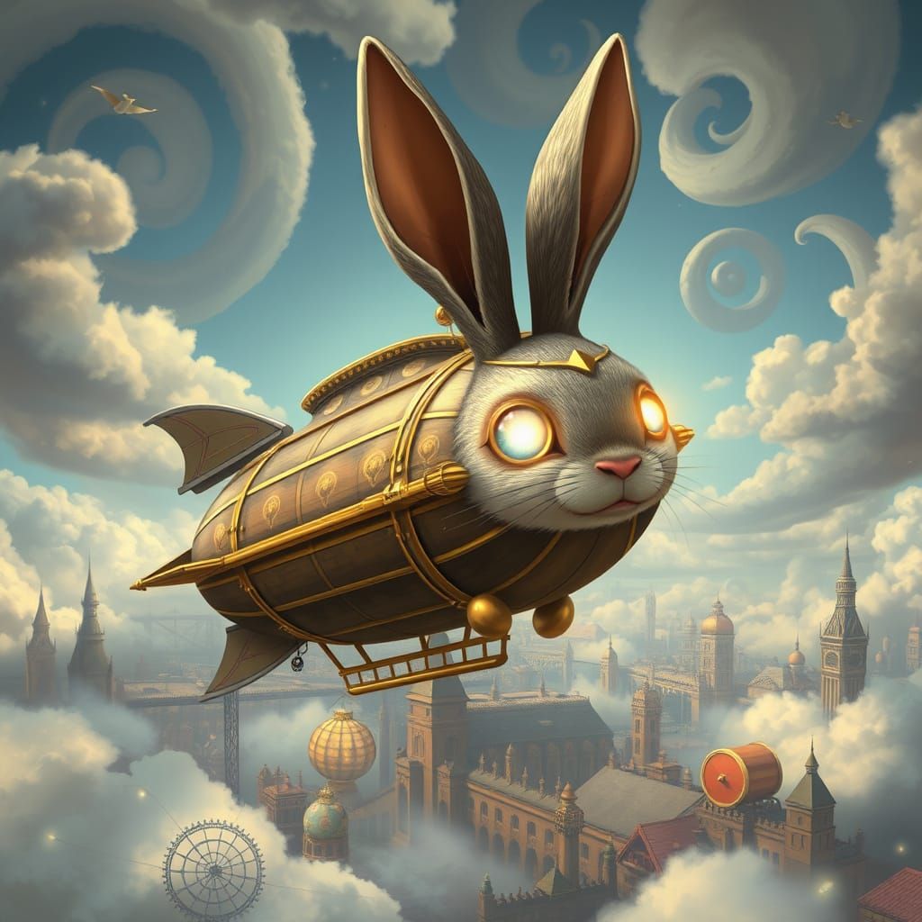 Rabbit Airship Soaring Over Victorian City, Steampunk Style
