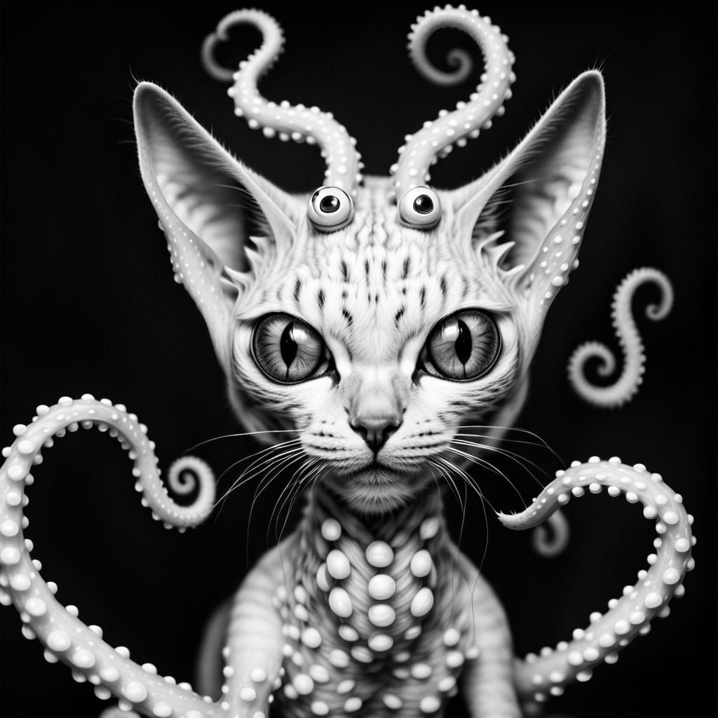 Monochrome Portrait of Tentacled Alien Cat